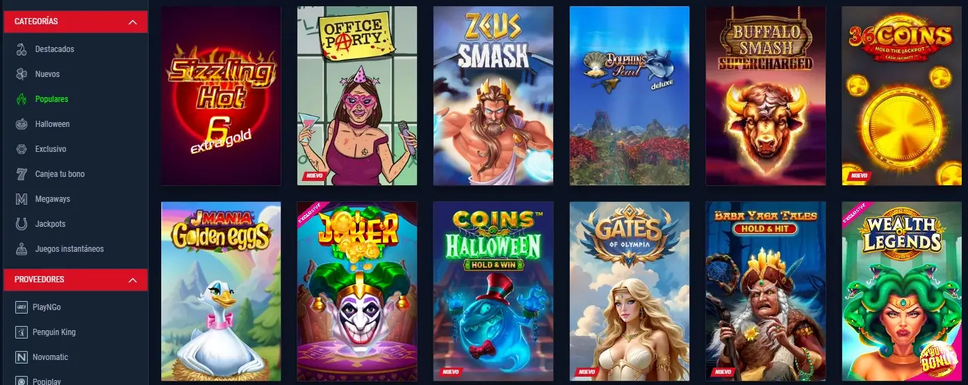 Sección de tragamonedas populares en Casinado España