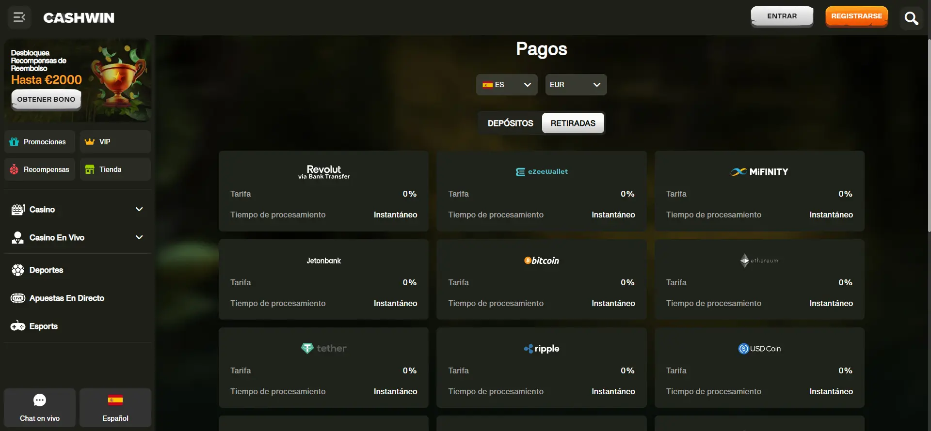 Retiros instantáneos con Cashwin